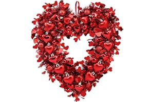 Sggvecsy 17.7" Heart Shaped Wreath Valentine's Day Red Heart Wreath for Front Door Wedding Party Anniversary Wall Decor Gift