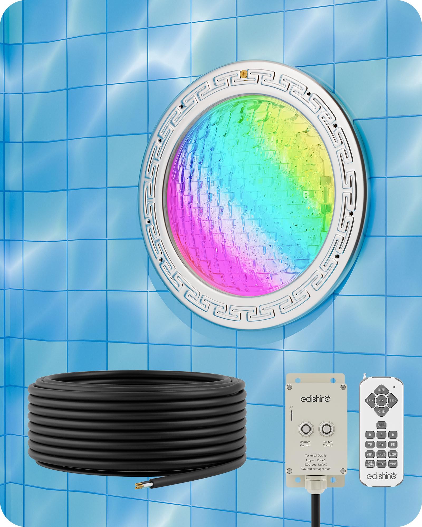 Photo 1 of ***(PARTS ONLY/ NON FUNCTIONAL)***
EDISHINE 10 Inch 12V Pool Lights for Inground Pool, Underwater RGBW Color Changing with 7 Dynamic Effects,Inground LED Pool Lights with Remote & Panel,FCC Certified,316L SS, IP68, 50 Feet Cable