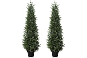 LOMANTO Outdoor Artificial Topiary Cedar Tree 2Pack Fake Tree 4Ft UV Rated Potted Plants for Porch Decor Faux Pine Plant for Housewarming