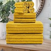 8 Pcs Yellow Cabana Stripe Polyester Bath Towel Set Oversize Bath Sheet-2 Bathroom Towels,2 Hand Towels,4 Washcloths Soft Jumbo Towels Absorbent Shower Towel Quick Dry Beach Chair Towel for Spa Gym