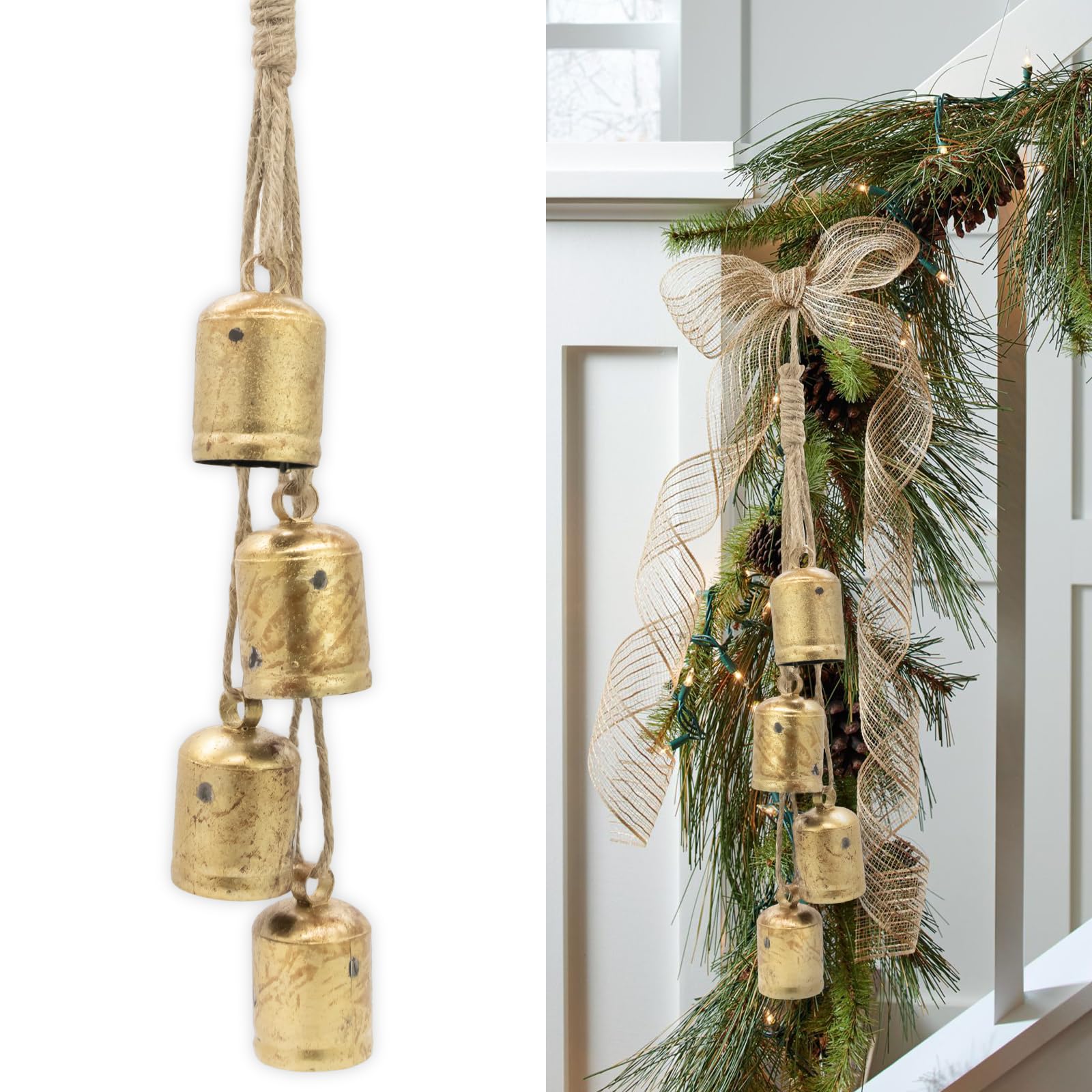Photo 1 of Vintage Gold Bells with Jute Hanging Rope Christmas Tree Decor Lucky Cow Bell Decorative Wall Hanging Decor Witch Bells for Crafts Door Hangers