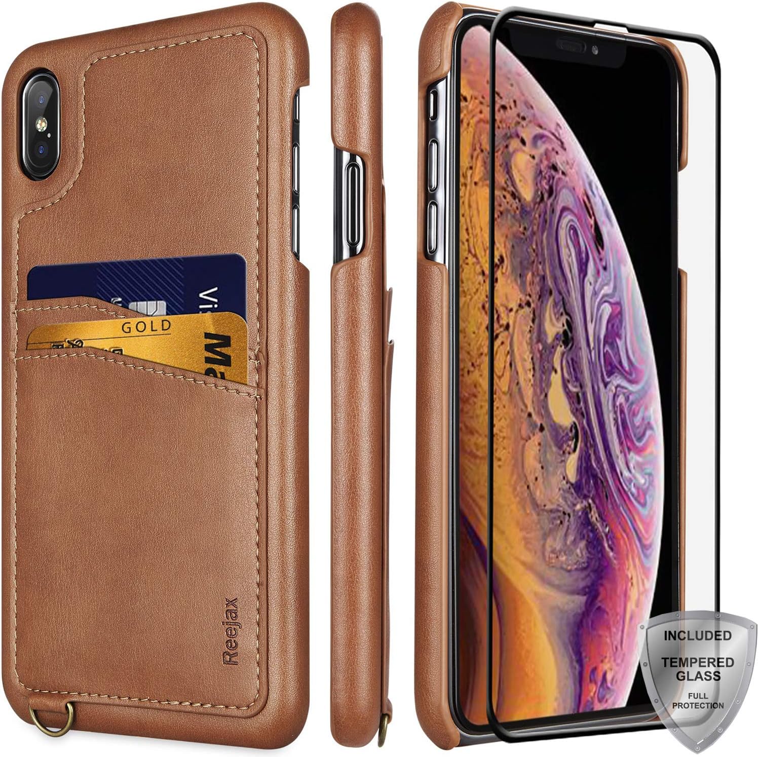 Reejax iPhone Xs Max Case, Slim Wallet Case with ID/Credit Card Holders and Glass Screen Protector,Luxury Brown PU Leather Case for Men Women Protective Cover Phone Case for iPhone Xs Max 6.5 inch