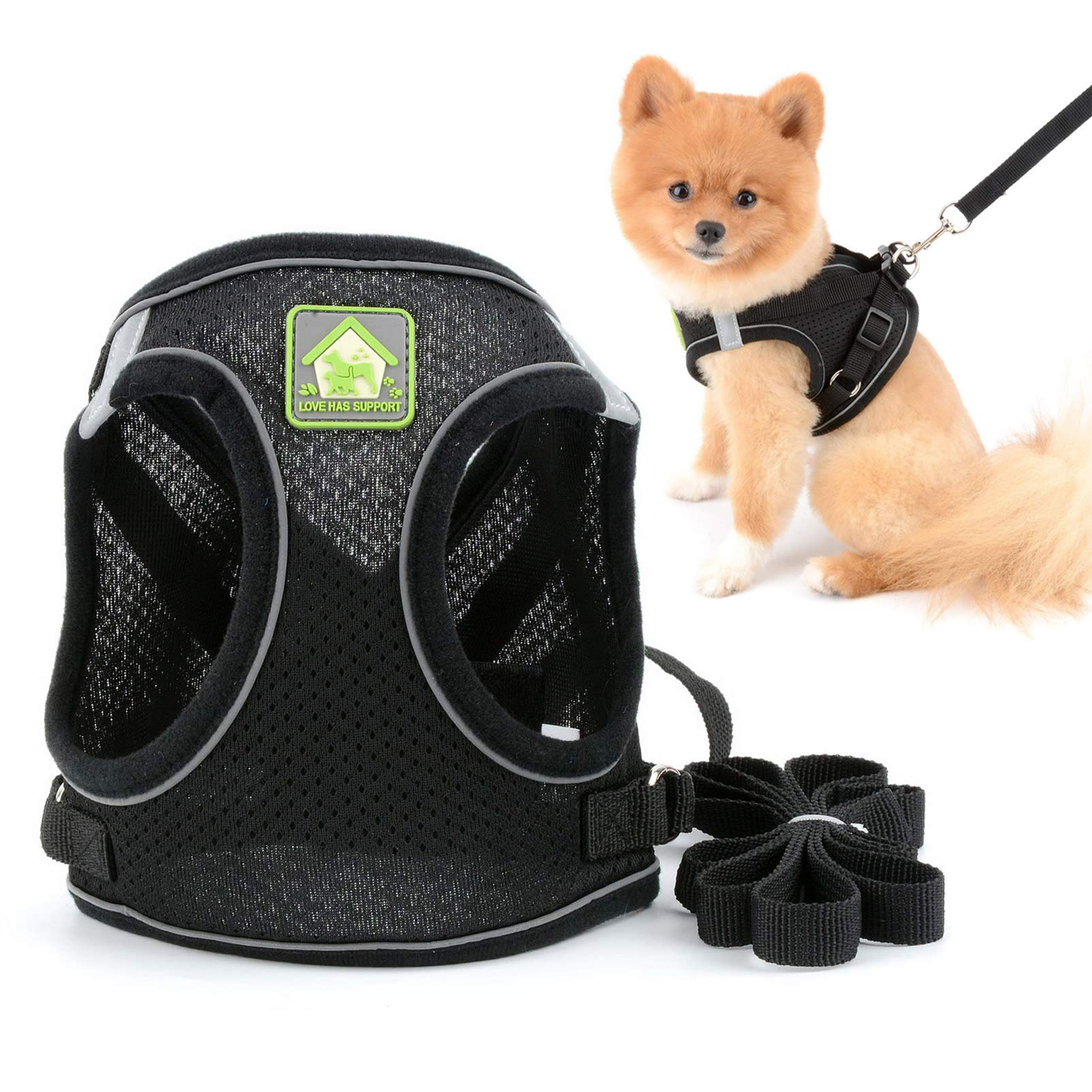 SMALLLEE_LUCKY_STORE Soft Mesh Step-in Small Dog/Cat Harness and Lead Set for Walking Reflective Puppy Vest Harness Outdoor Training,Black,Size XL