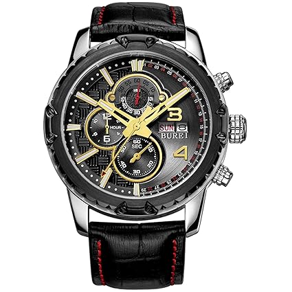 BUREI® Mens Chronograph Wrist Watches with Black Leather Strap