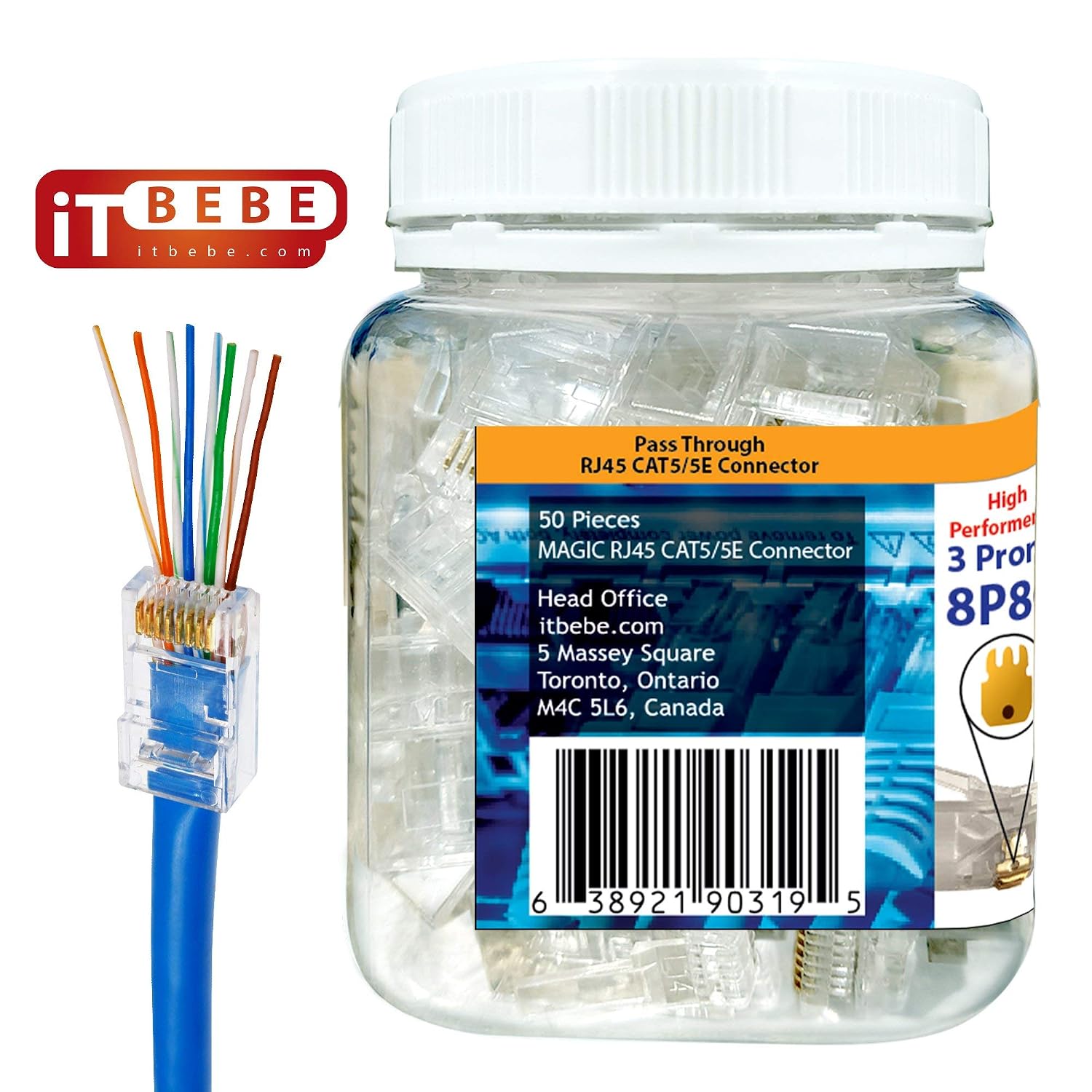 ITBEBE Gold Plated RJ45 cat5, cat5e 8P8C 50 pieces Pass Through 3 Micron 3u 3 Prong premium Connectors - Image 4
