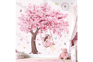 wondever Large Cherry Blossom Tree Wall Stickers Pink Flower Girl on Swing Butterfly Peel and Stick Wall Art Decals for Baby 