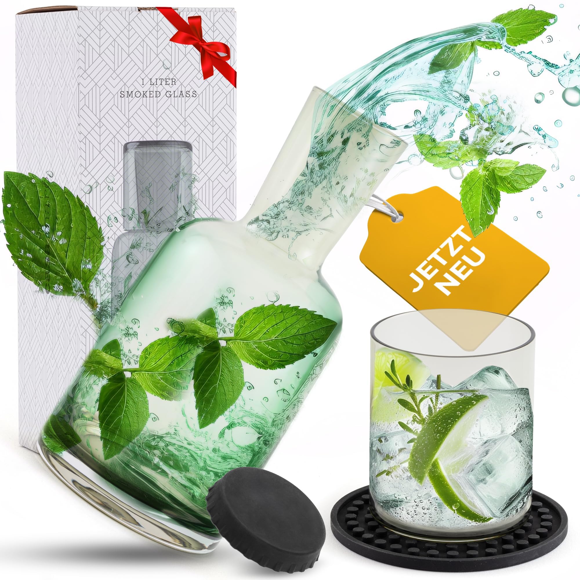 CASA.INARO® edle Glaskaraffe | Wasserkaraffe 1 Liter mit Glas | Wasserkrug | Tropfenfrei | Nachttisch [Karaffen Set mit Untersetzer & Deckel] Als Geschenk zum Geburtstag | Rauchglas grau/grün
