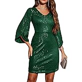 Dressystar Sequin Dress for Women 2026 Sparkly Formal V Neck Long Slit Sleeves Glitter Bodycon Cocktail Party Prom Dresses