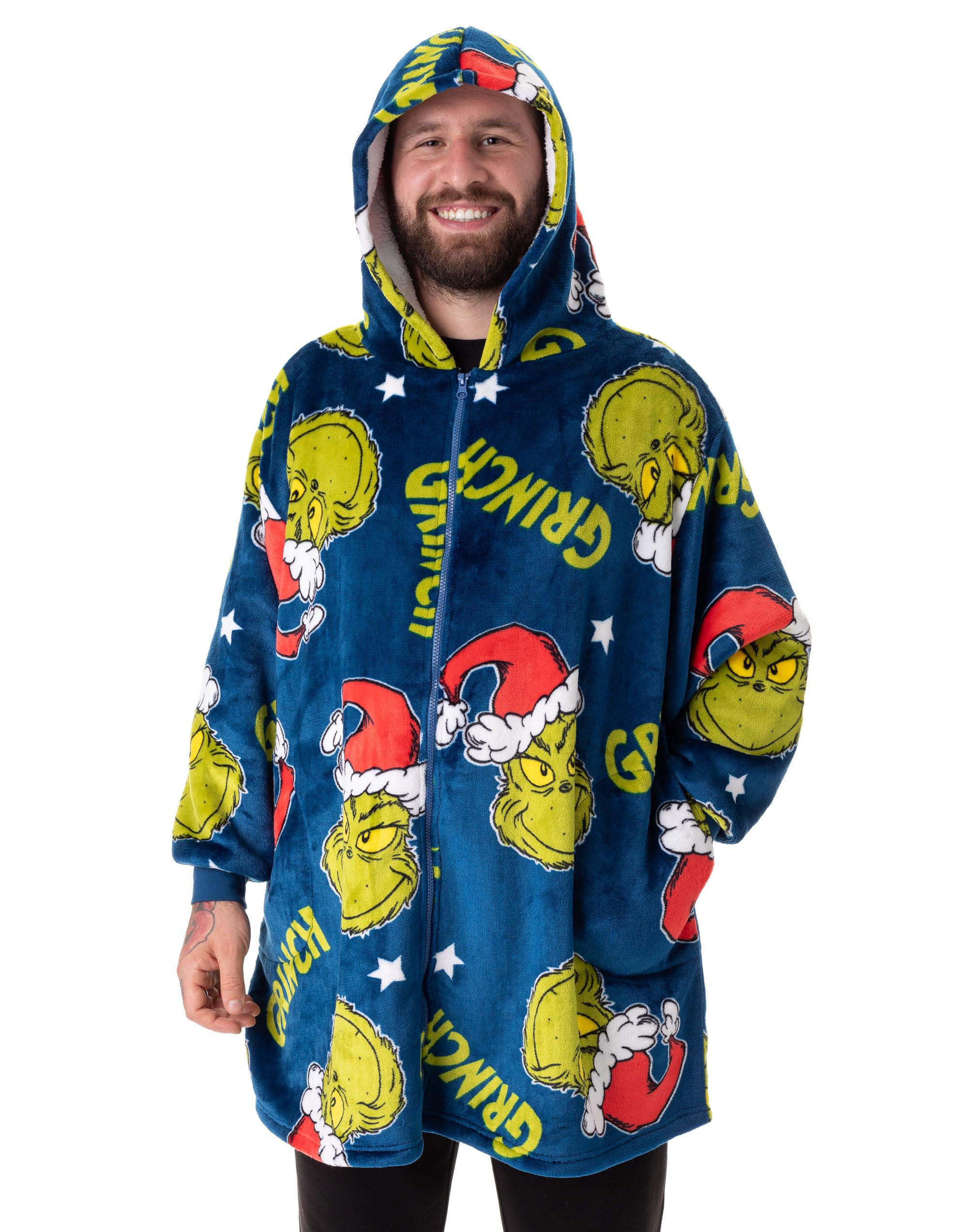 The Grinch Adults Wearable Blanket Hoodie | Adults Zip Fleece Hooded Pullover in Blue with Grinch Character Print | Sherpa Lined Loungewear with Pockets | Classic Christmas Movie Merchandise Gift