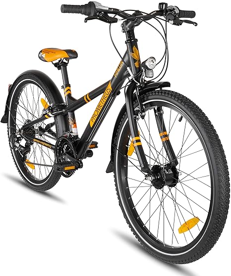 Prometheus Kinderfahrrad 24 Zoll Jungen Mädchen Alu Fahrrad Schwarz Matt Orange ab 8 Jahre mit 21-Gang Gangschaltung - 24zoll