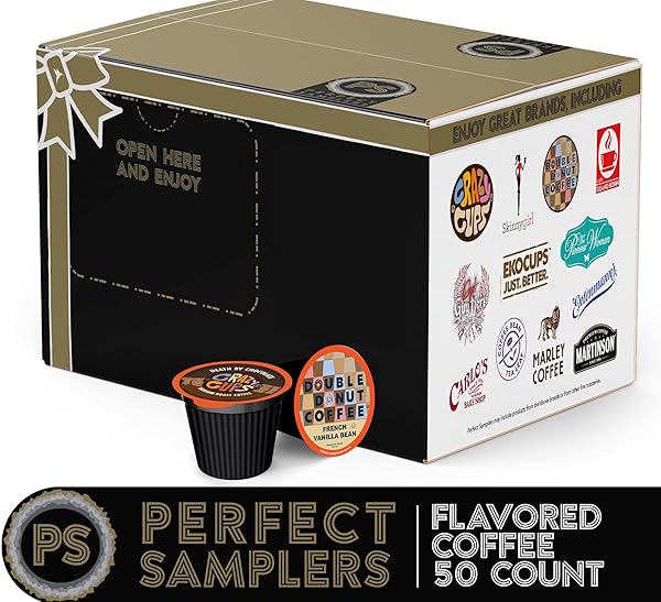 PERFECT SAMPLERS FLAVORED COFFEE VARIETY PACK, INCLUDING VANILLA, CHOCOLATE COFFEE & MORE, FLAVORED COFFEE PODS FOR KEURIG K CUPS MACHINES, 50 COUNT