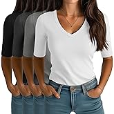 Locoowai 4 Pack Elbow Length Tee Shirts for Women V Neck Half Sleeve T Shirts Slim Fit 1/2 Sleeve Tops Basic Tees