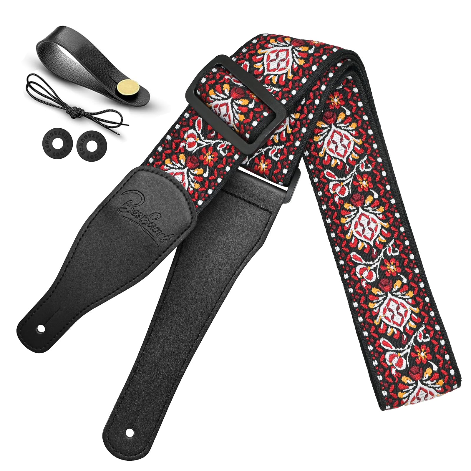 BestSounds Guitar Strap, Jacquard Embroidered Cotton Straps with Leather Ends Shoulder Strap for Bass, Acoustic, Electric Guitar (Jacquard Red)