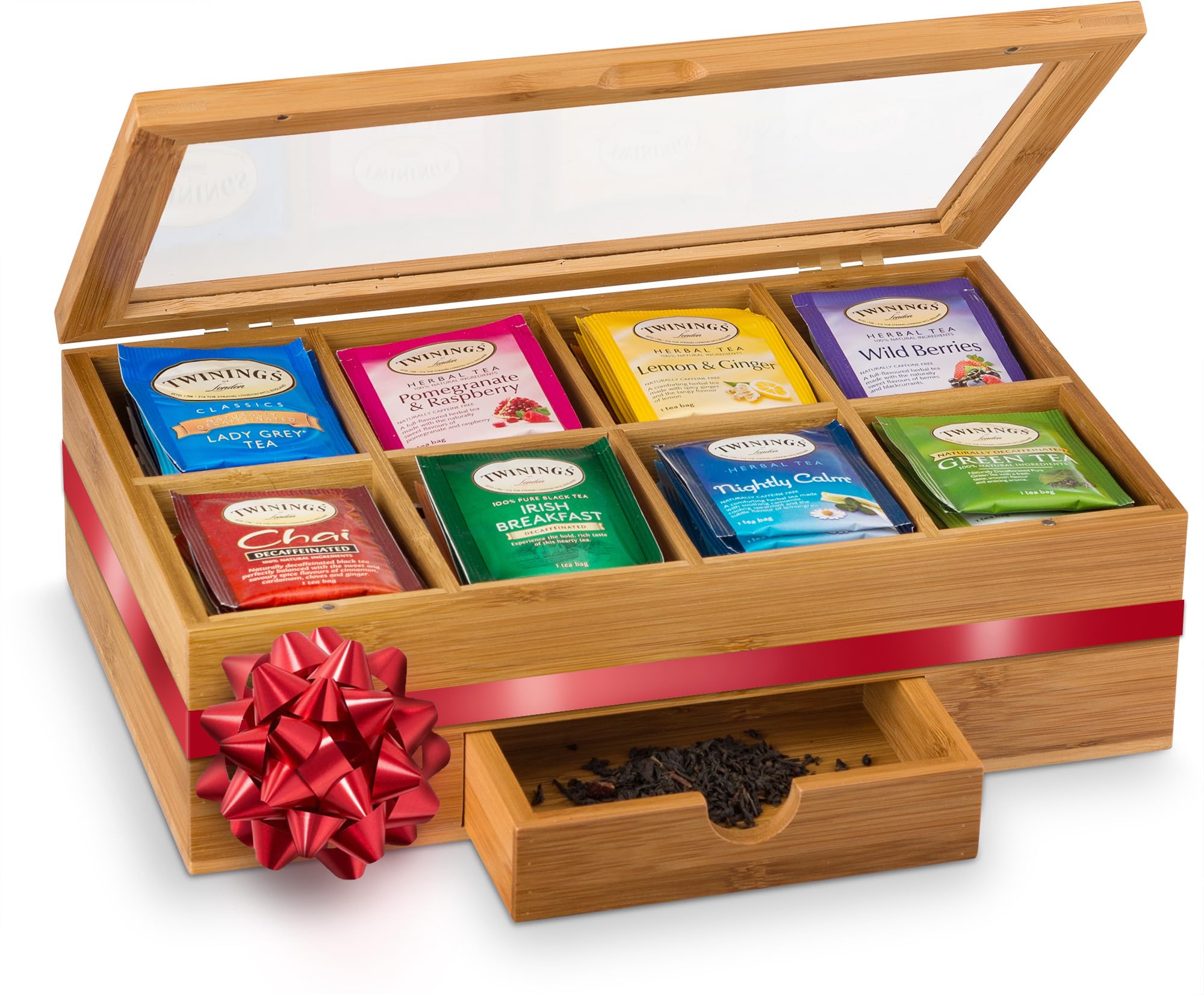 Premium Bamboo Tea Box Organizer - Wood Tea Chest with Slide-Out Drawer & Acrylic Glass, Magnet Lid Keeps Teabag Fresh - Countertop & Cabinet Storage Organization - Great Gift Idea