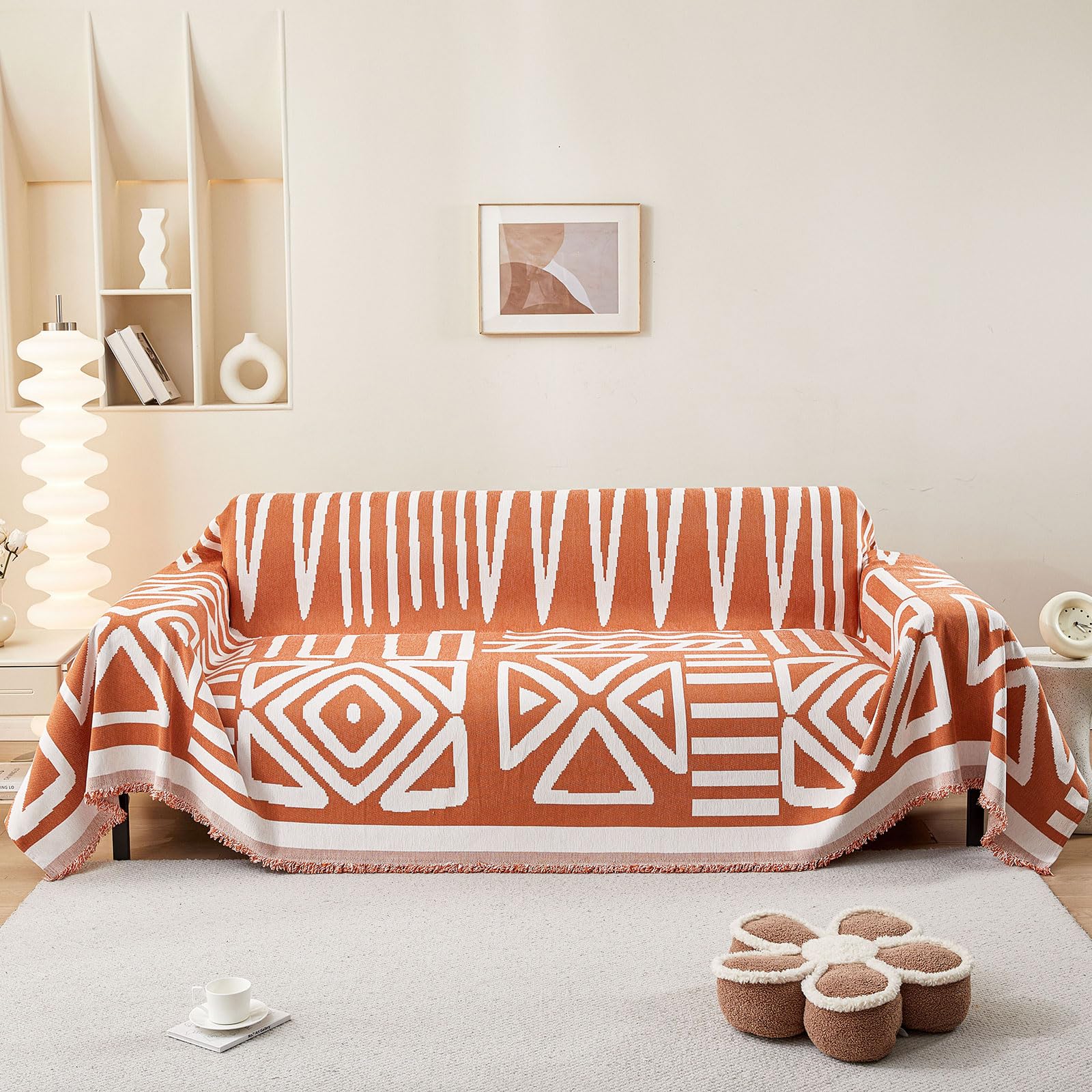 SHANNA Boho Sofa Cover for 2 3 4 Seater, Chenille AB Sided Slipcover for Corner Sofa, All-Season Protection Couch Cover for Dogs, Couch Protector Loveseat Futon Cover L Shaped Sofa Cover with Tassel