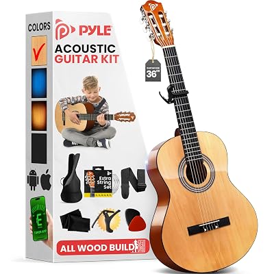 Pyle Classical Guitar Starter Kit - 36" 3/4th Size All Wood Instrument with Capo, Gig Bag, Strings, Strap, Picks (Natural Gloss)