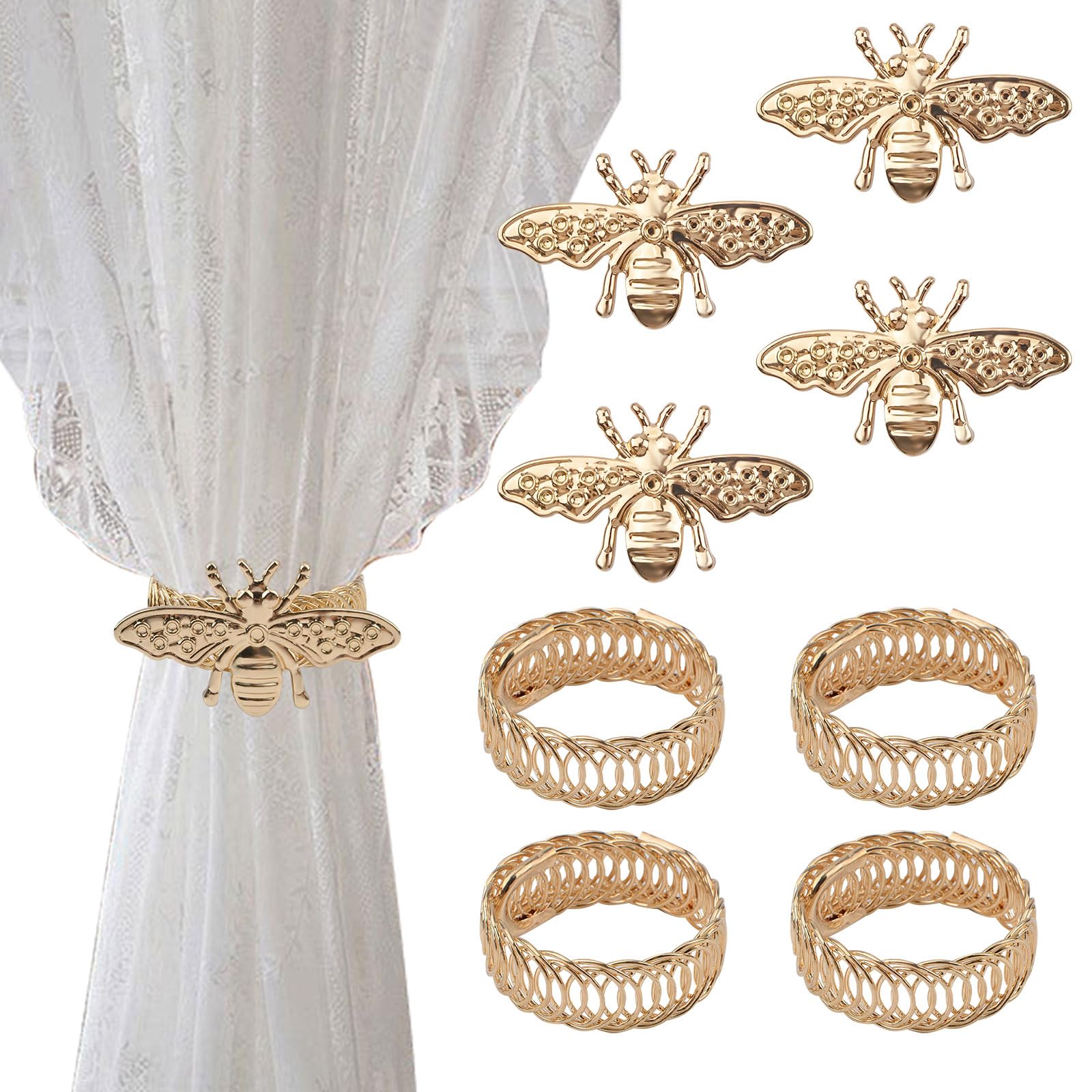 UFURMATE Curtain Tiebacks, 4 Sets Alloy Drapery Holdback Modern Simple Style Curtain Tie Backs Strenchy Wire Rope Curtain Straps for Home Decor (Gold Bee)