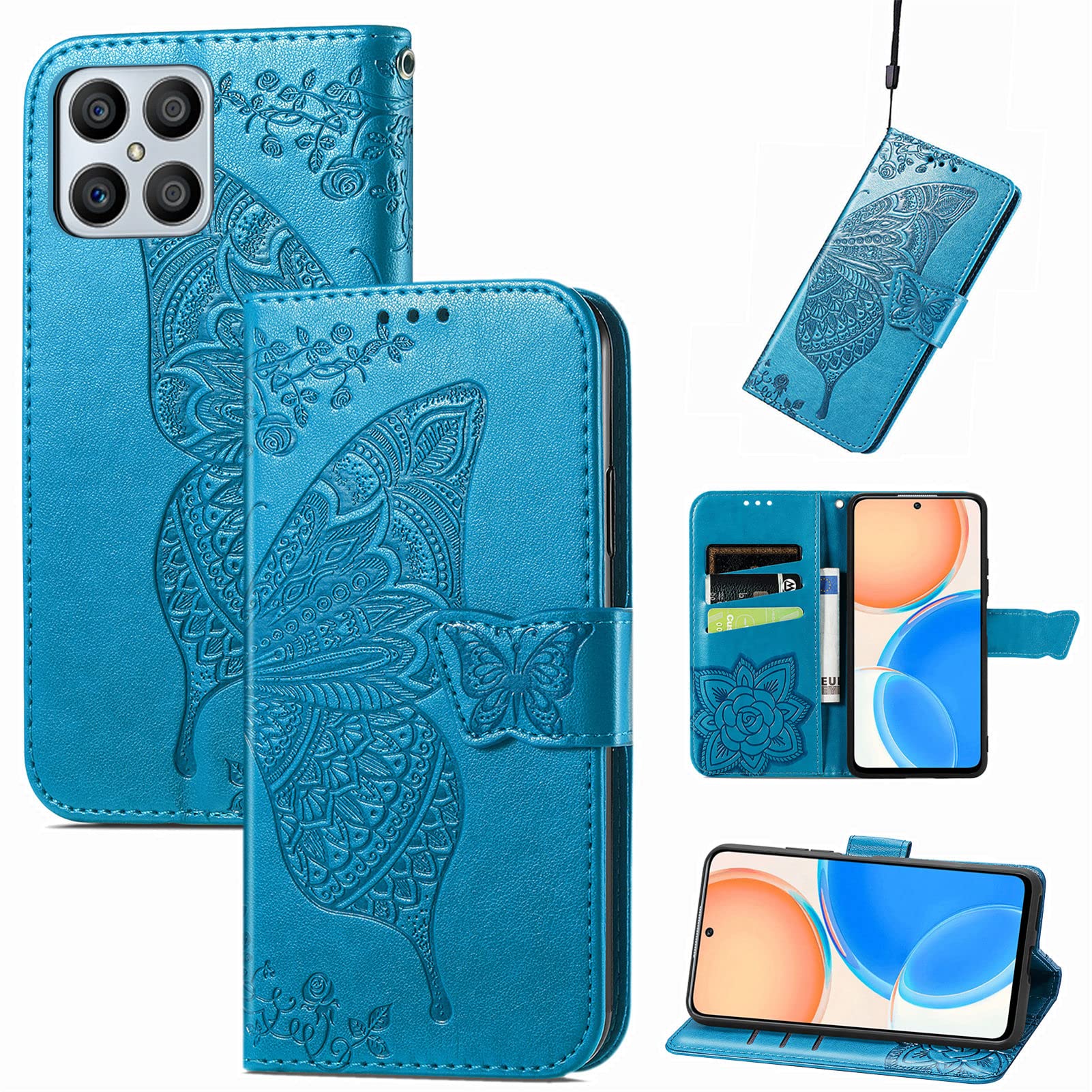 JIUNINE Case for Honor X8, Leather Wallet Case Flip Cover with Butterfly Embossed Pattern [Card Holder] [Magnetic Closure] [TPU Inner Shell] for Honor X8, Blue