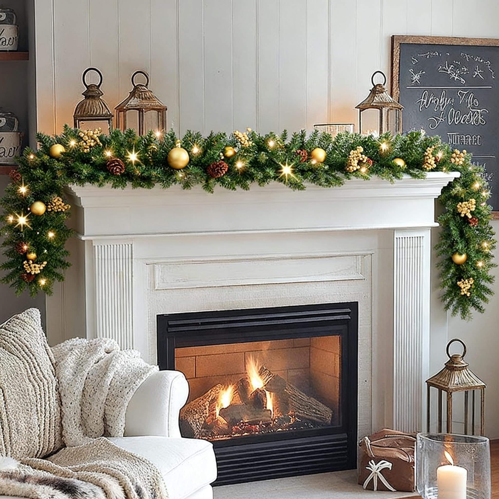 Photo 1 of ***SIMILAR PRODUCT*** OasisCraft 9FT Pre-Lit Gold Christmas Garland with Pinecones, Berry Sprigs & Ball Ornaments, Battery Operated 50 LED Lights for Staircase Mantle Doorway Indoor Outdoor Holiday Decor