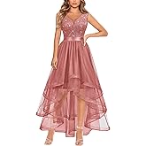 Miusol Women's V-Neck Elegant Sequin Lace Ruched Sleeveless Hi-Lo Party Dress