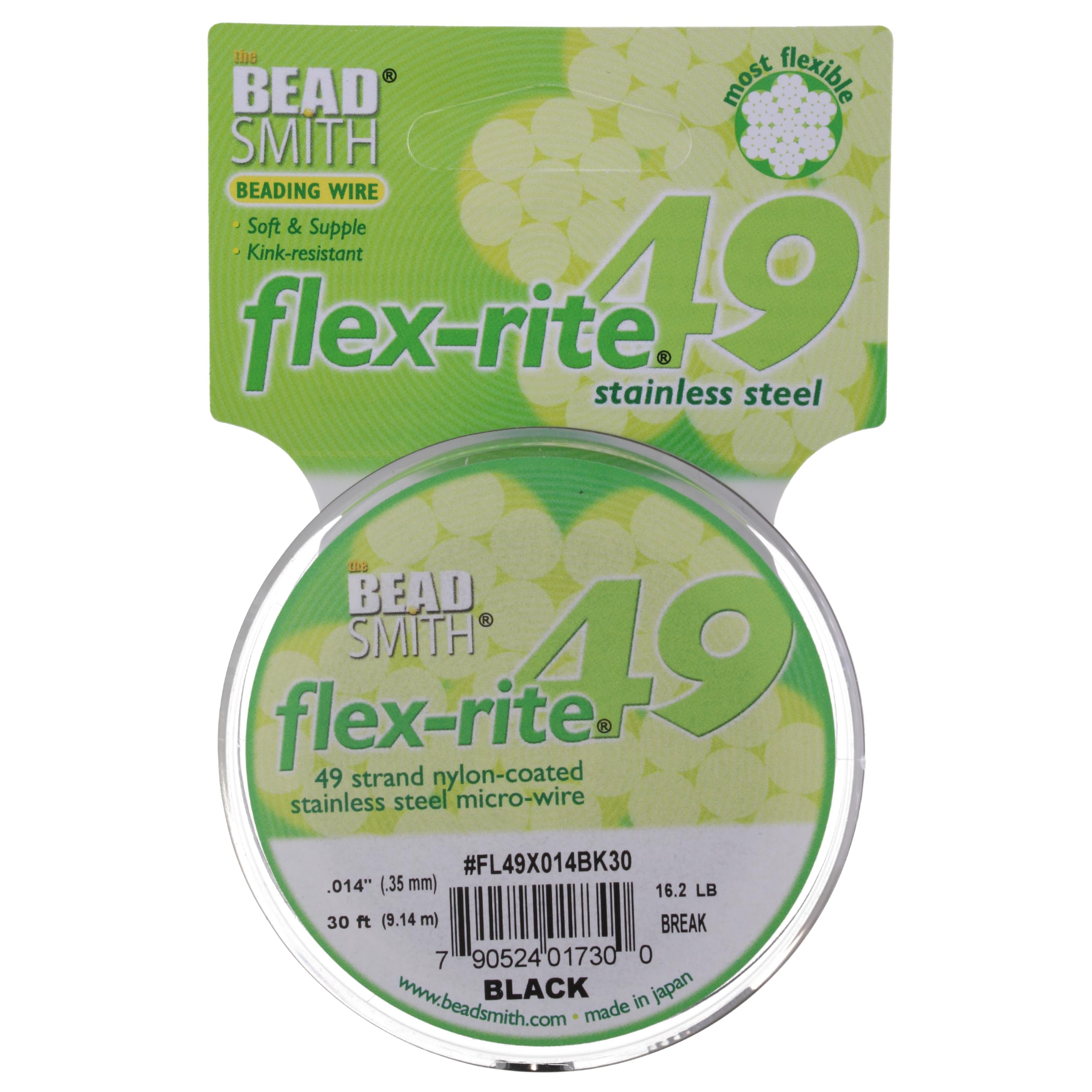 The Beadsmith Flex-Rite 49 Strand Nylon Coated, Stainless-Steel Beading Wire, Jewelry Making Supply (.014 Dia, Black - 30 Ft)