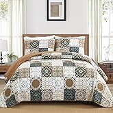Dobuyly Brown Quilt Set Queen Size, Boho Plaid Patchwork Bedspreads Coverlet Set, 3 Pieces Soft Lightweight Microfiber Fall Quilt Bedding Set for All Seasons 96"x90"