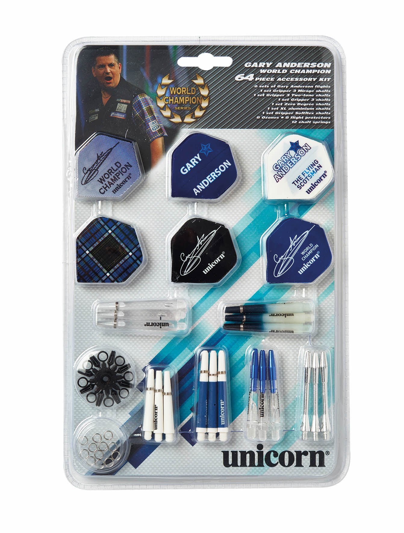 UNICORN Gary Anderson Darts Tune-Up Kit | 6 Flights, 18 Shafts, 8 Locking Rings, 8 Flight Protectors, 12 Shaft Springs
