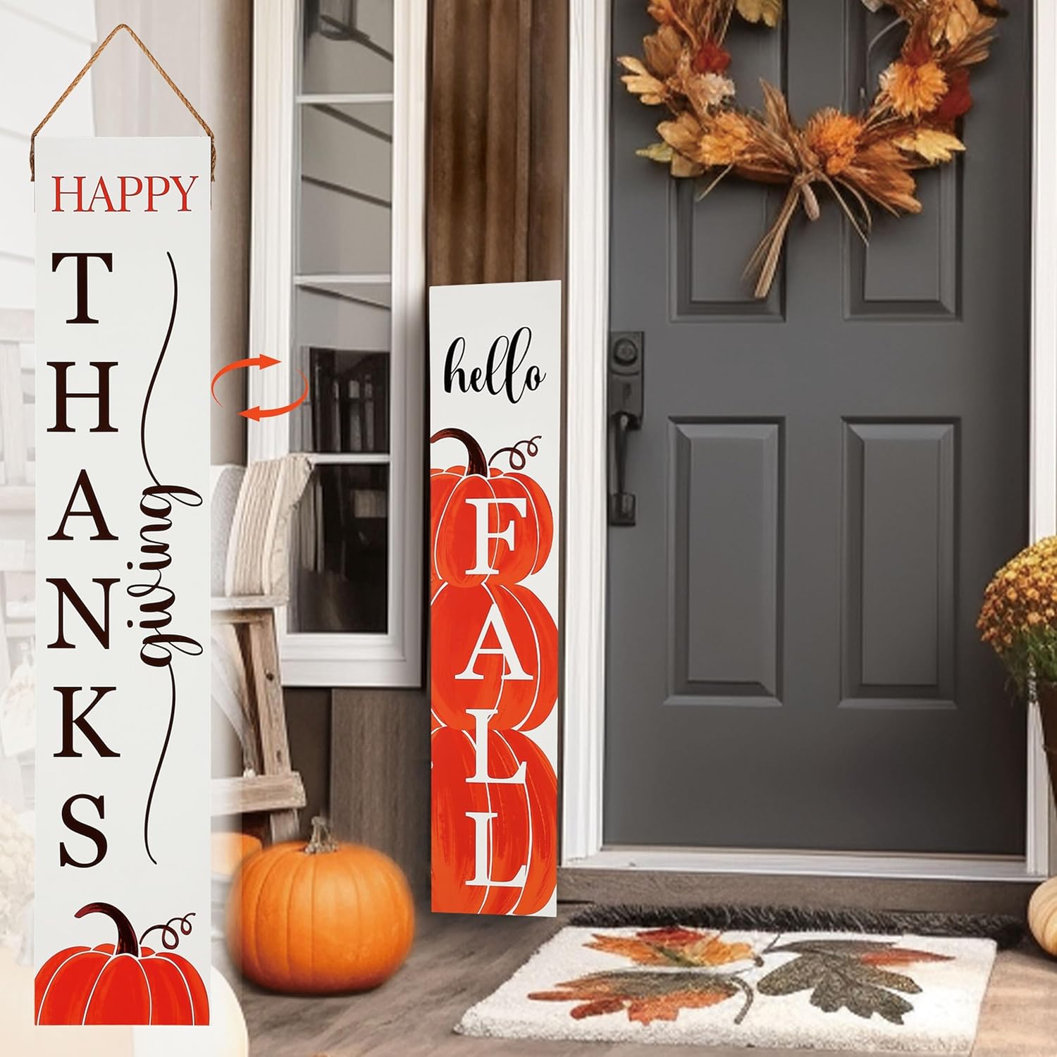 Yard Signs - Perfnique Hello Fall Sign for Front Porch, Double-Sided Thanksgiving Fall Porch Sign for Home Decor Hanging, Pumpkin Fall Wall Sign Leaning 40