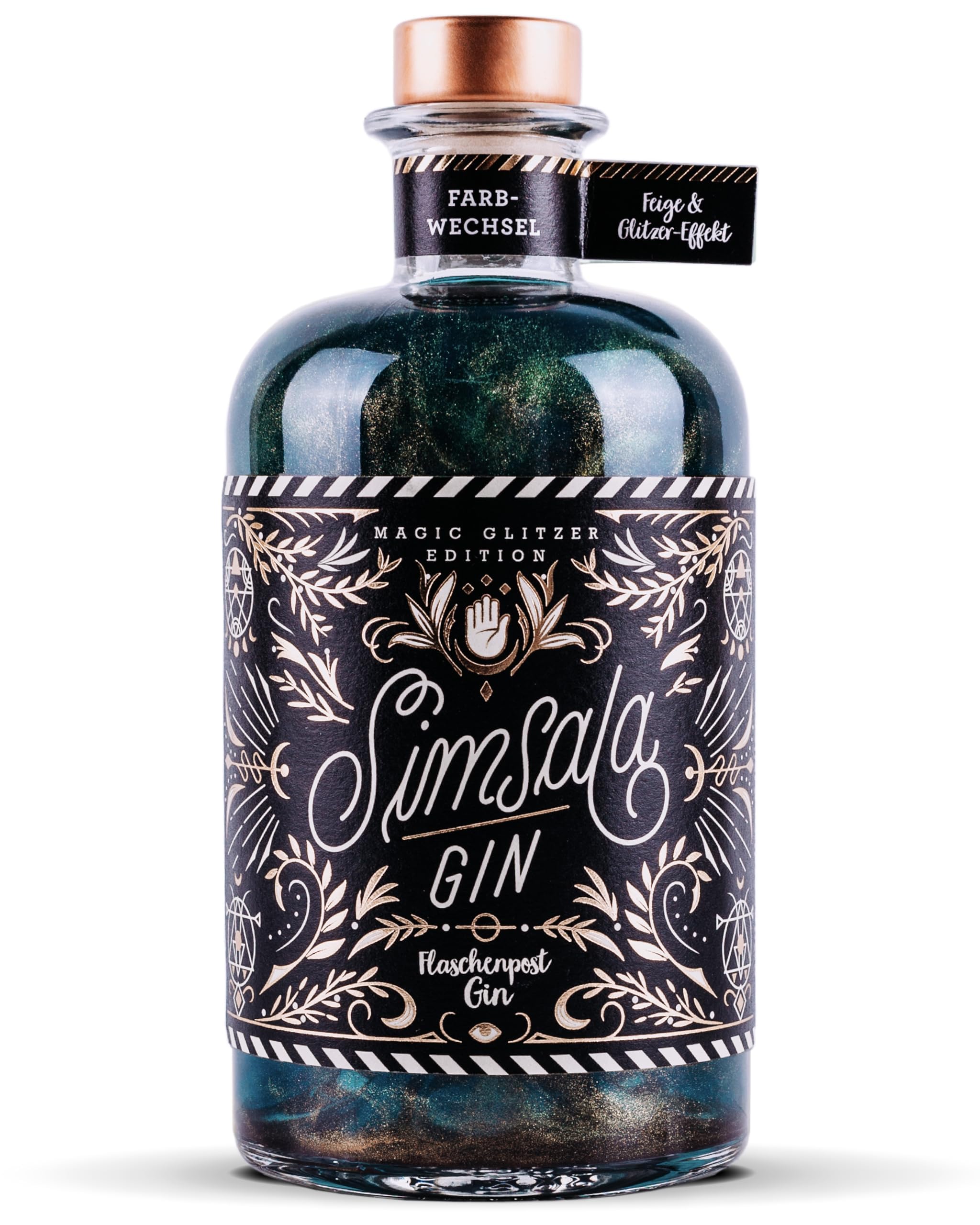 SIMSALA GIN MIT GLITZER by Flaschenpost – Handmade Zauber Gin mit Glitzer & Farbwechsel von blau zu grün verfeinert mit Feige – Limited Edition (0,5 l)