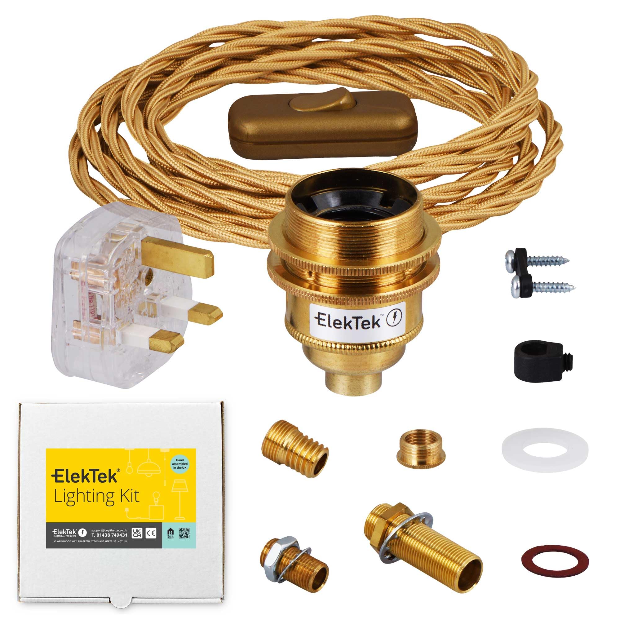 ElekTek UK Brass E27 Edison Lamp Holder Shade Ring Refurbishment Fixing Kit Gold Twisted Braided Fabric 3-Core Lighting Flex cable, Inline Rocker Switch, Extensive Fittings Pack, 13A Plug (3A Fuse)