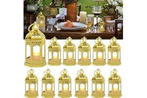 SHYMERY 12 Pieces Mini Lantern with Flickering LED Candles, Batteries Included, Decorative Hanging Candle Lantern for Indoor Use, Wedding, Party, Table Centerpiece (Gold)