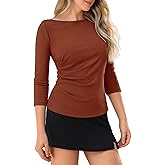 Boat Neck 3/4 Sleeve Tops for Women Ruched Side Ribbed T-Shirts Fitted Casual Basic Tees Summer Fall Outfits Going Out Top