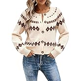 EMMIOL Womens Fair Isle Sweater Cropped Button Up Long Sleeve Cardigans Crewneck Knit Sweater Coats Fall Winter