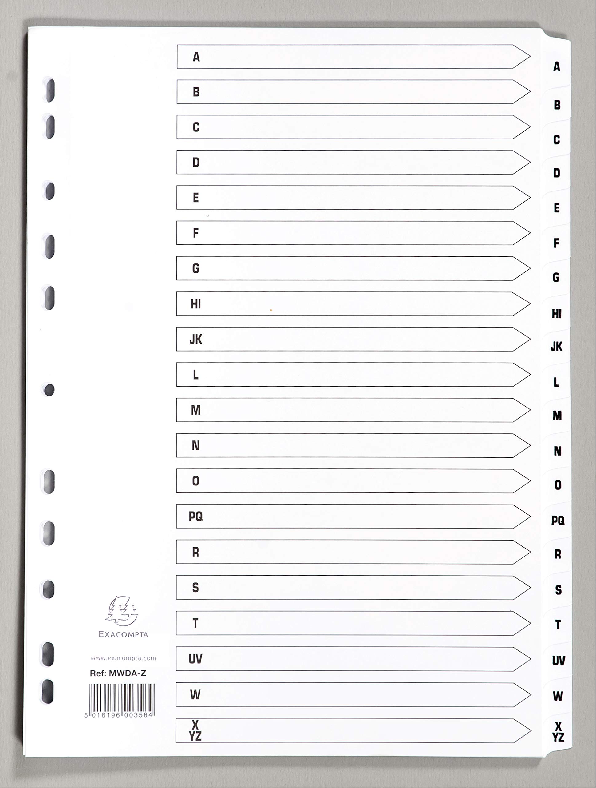 Exacompta - Ref MWDA-ZZ - Mylar Printed Indices - For Use WithA4 Documents, Pre-Punched, 160gsm White Card with Reinforced Plastic Tabs, FSC-Certified - 20-Part Dividers (A-Z)