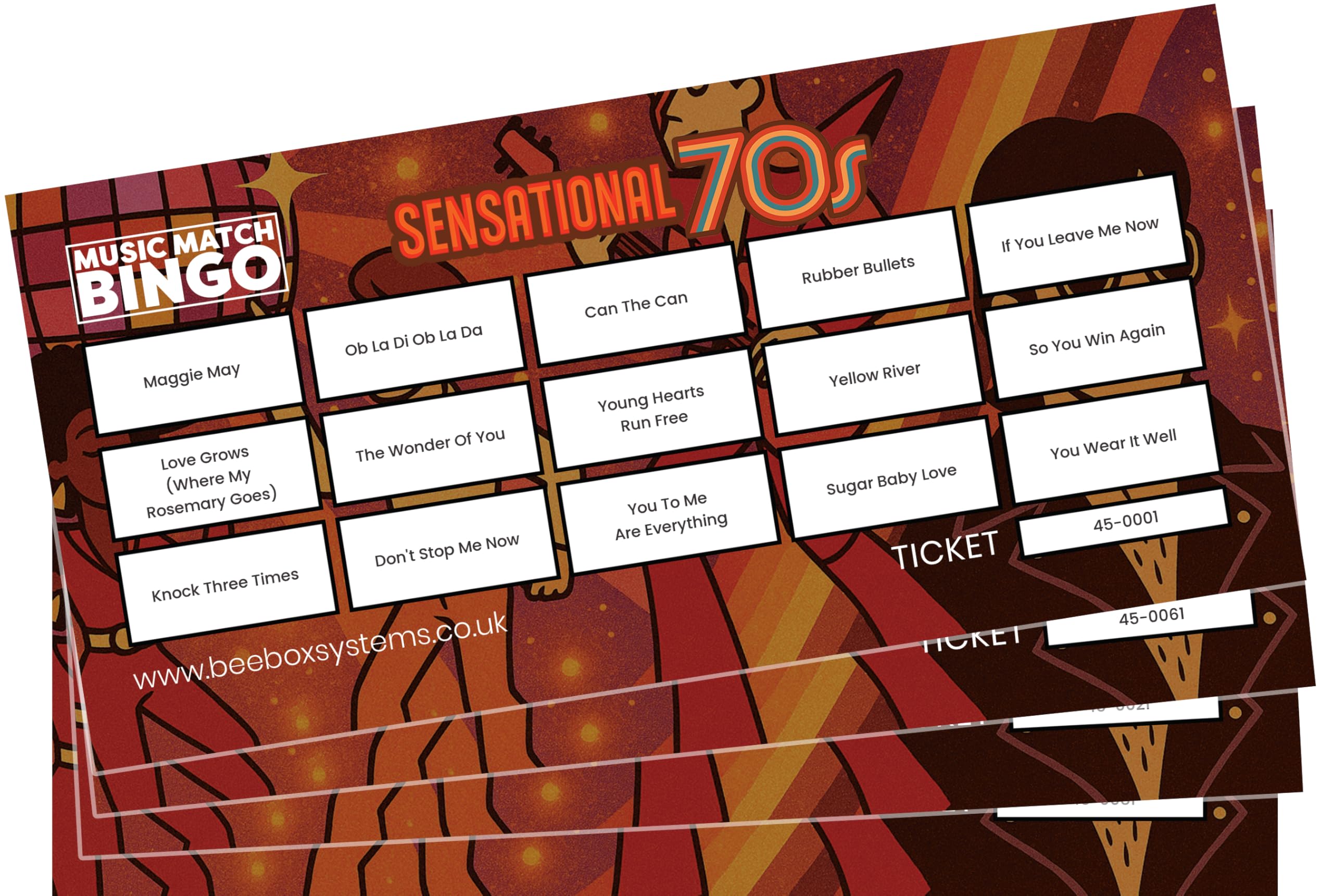 BeeBox Music Match Bingo Game Tickets, 120 Tickets Per Pack (Sensational 70s)