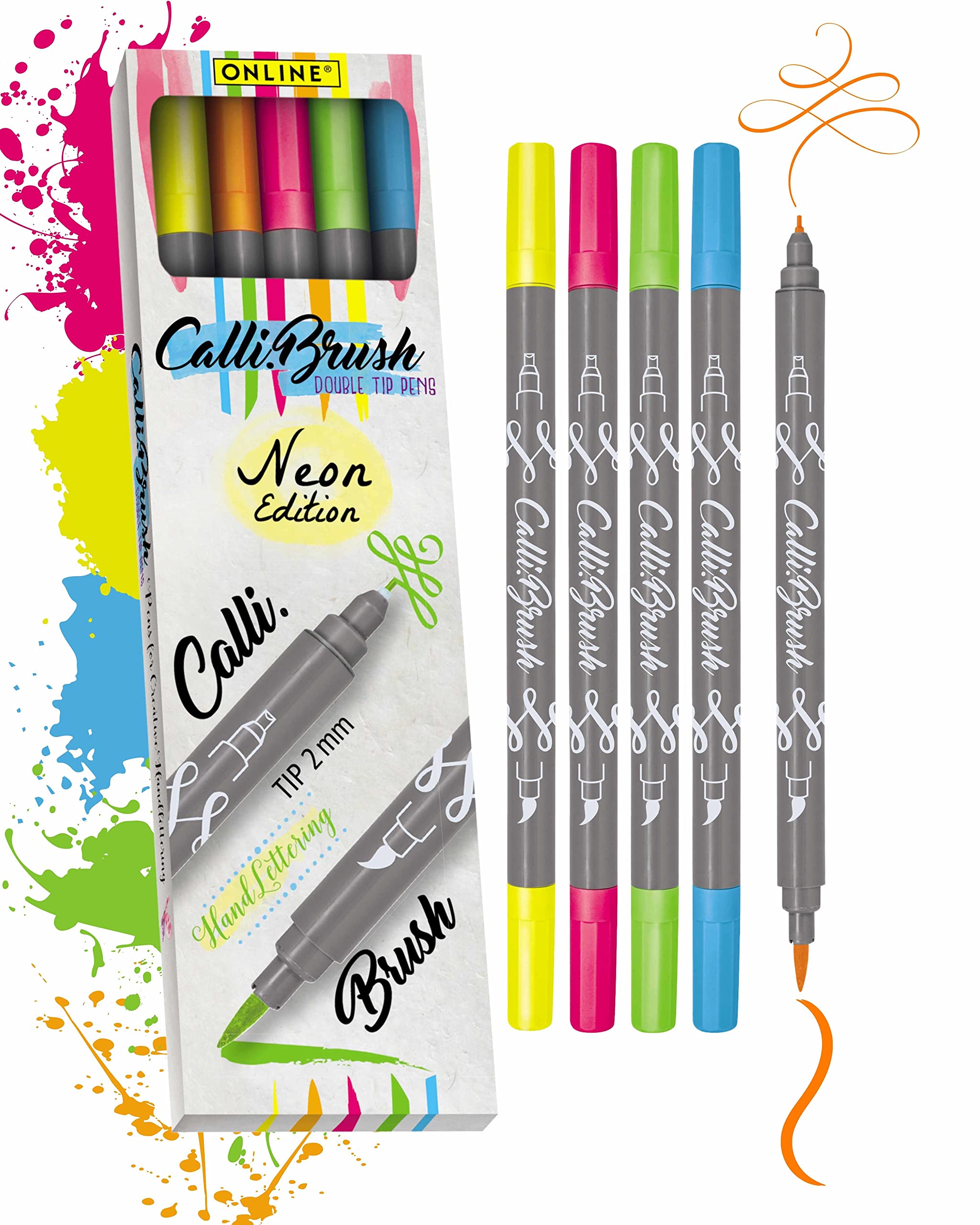 Online Calli.Brush Handlettering Brush-Pens NEON | Set of 5 brush pens | Calligraphy Set for Bullet Journal, Lettering | Calligraphy tip & brush tip | Water colours | Aquarell pens