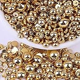 Flatback Pearls for Crafts, 50g Plated Gold Half Pearls for Crafting, Mixed Size 3/4/5/6/8/10mm Flatback Half Round Pearl Beads for Craft Tumbler Shoes Clothes Cup Projects Nail Face Art
