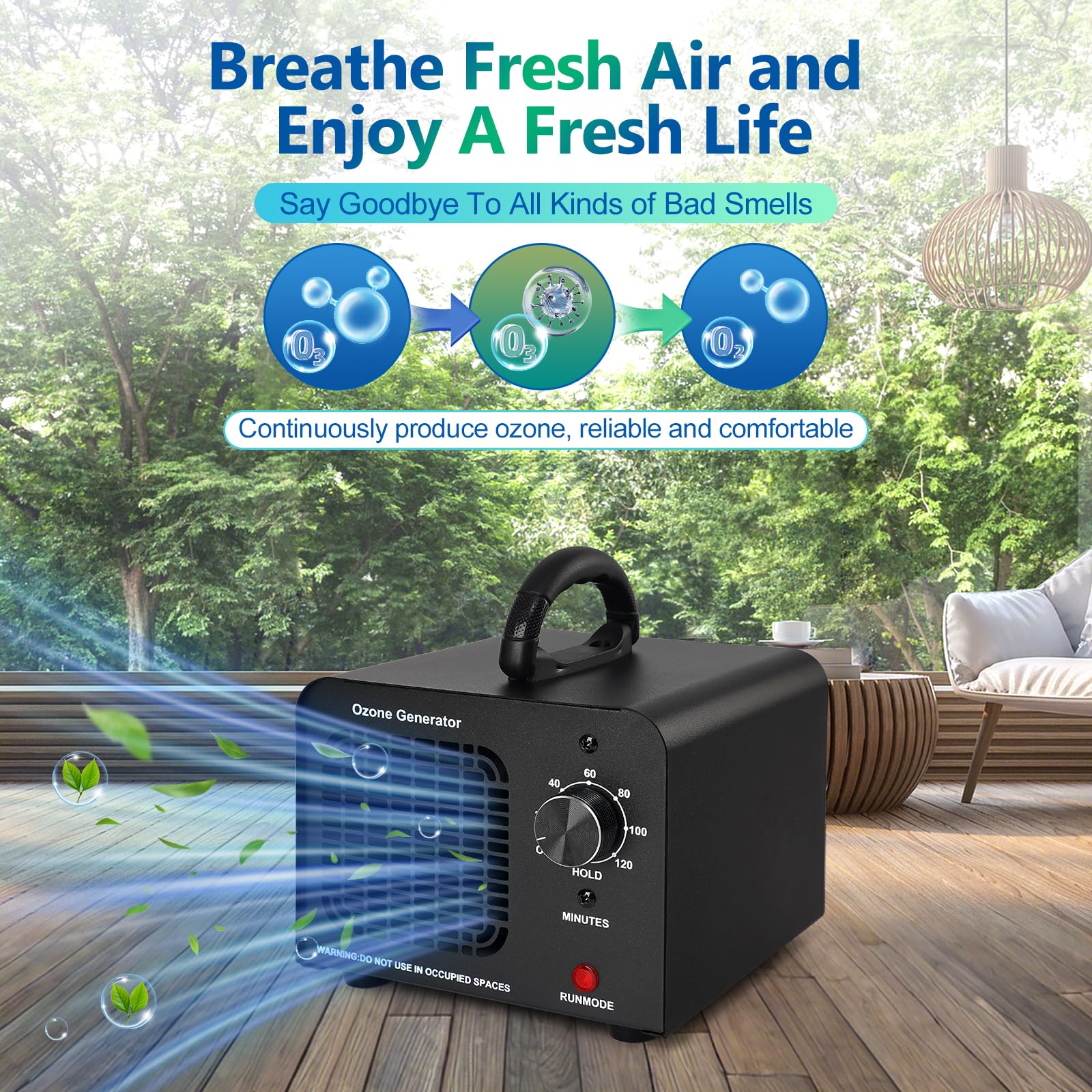 Ozone Generator 60000mg/h, Industrial/Home Ozone Machine, Odor Removal for Areas of 6,000 Square Feet, High Capacity Odor Eliminator for Car, Rooms, Smoke, Pets, O3 Air Purifier Deodorizes (Black)