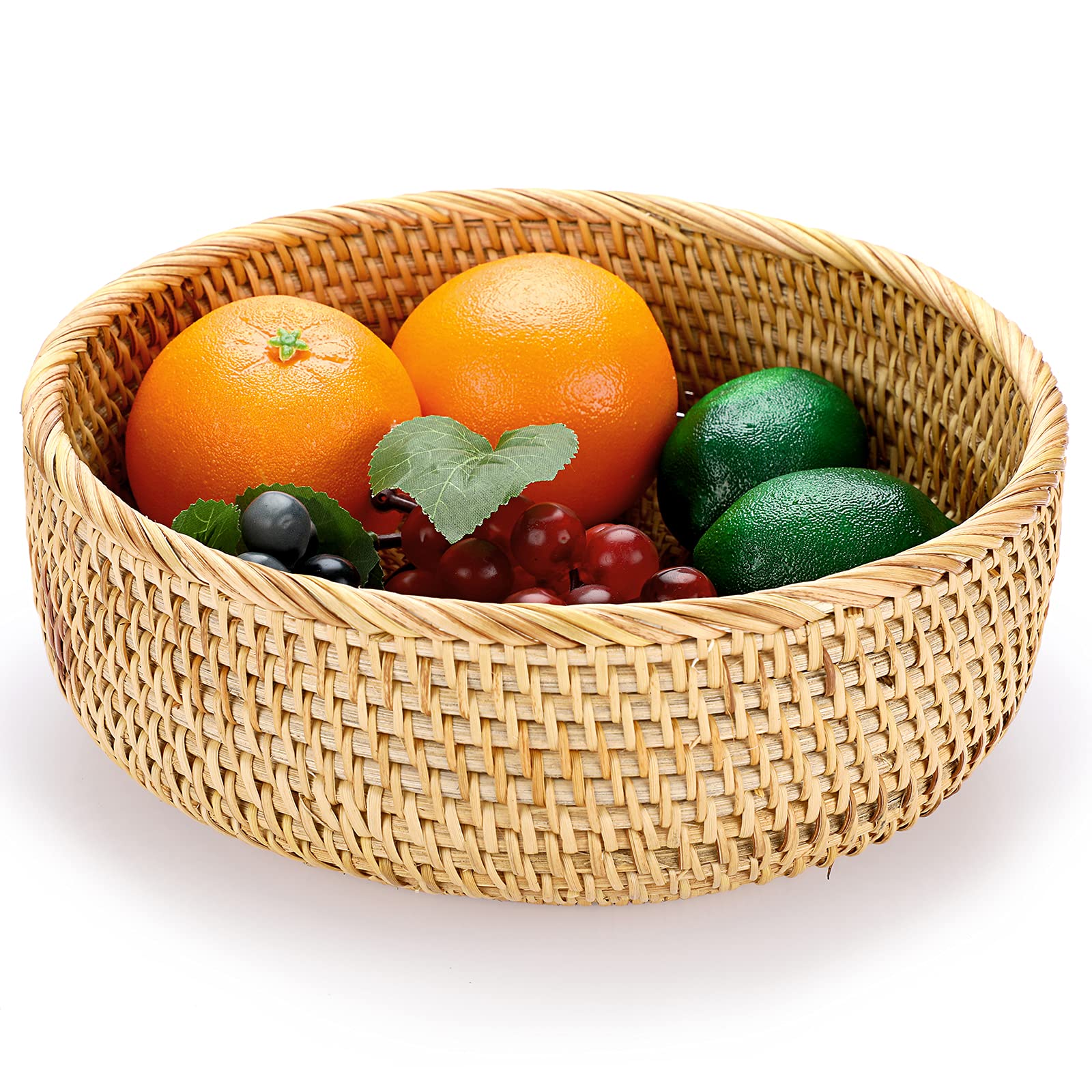 IGNPION Round Rattan Woven Fruit Basket Bread Serving Baskets Snack Storage Bowls Table Desktop Countertop Decorative Display Storage Baskets