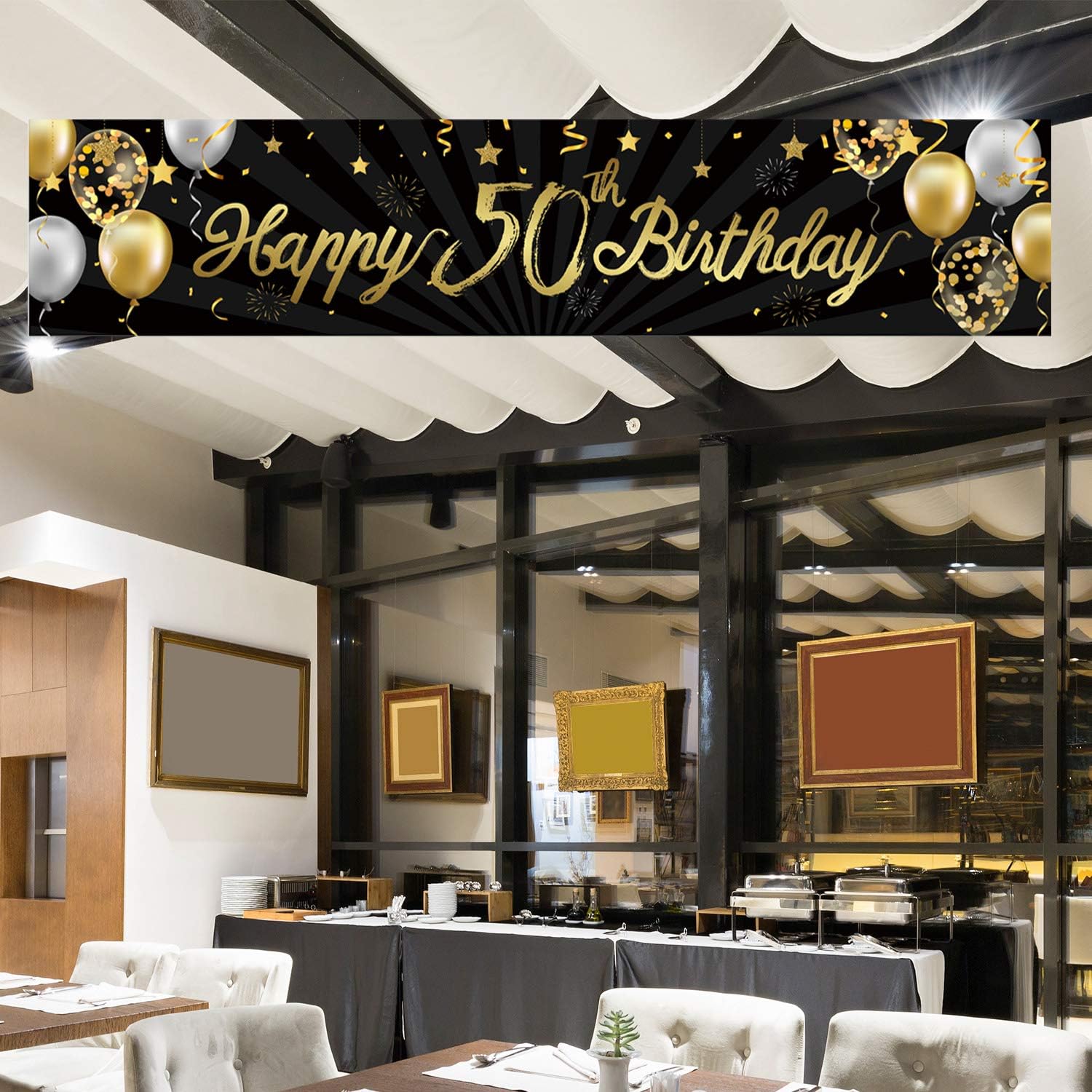 Happy 50th Birthday Banner Sign Black Gold Glitter 50 Years Birthday Party Decorations Supplies Anniversary Celebration Backdrop - Image 5