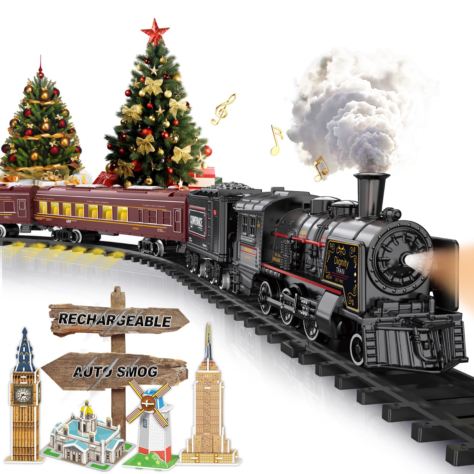 Electric Train Sets for Boys Girls Metal Alloy Christmas Trains Toys Steam Locomotive, Passenger Carriages, Tracks, Light & Sounds Rechargeable Birthday Gifts for Kids 3 4 5 6 7 8 + Years Old Red…