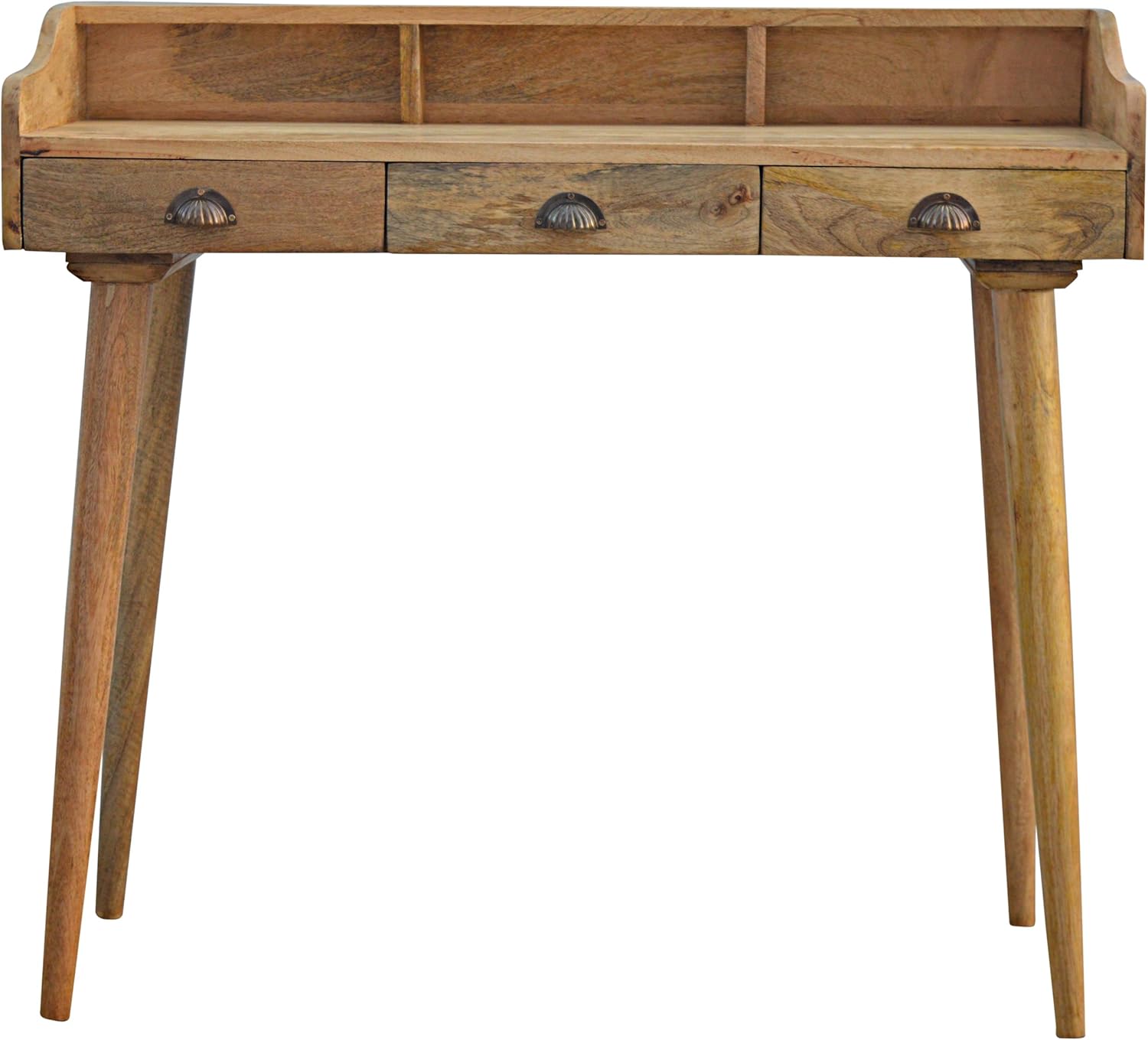 Global Vision Company Artisan Furniture Nordic Writing Desk with 3 Drawers and Gallery Back, Wood, Natural Oak Finish