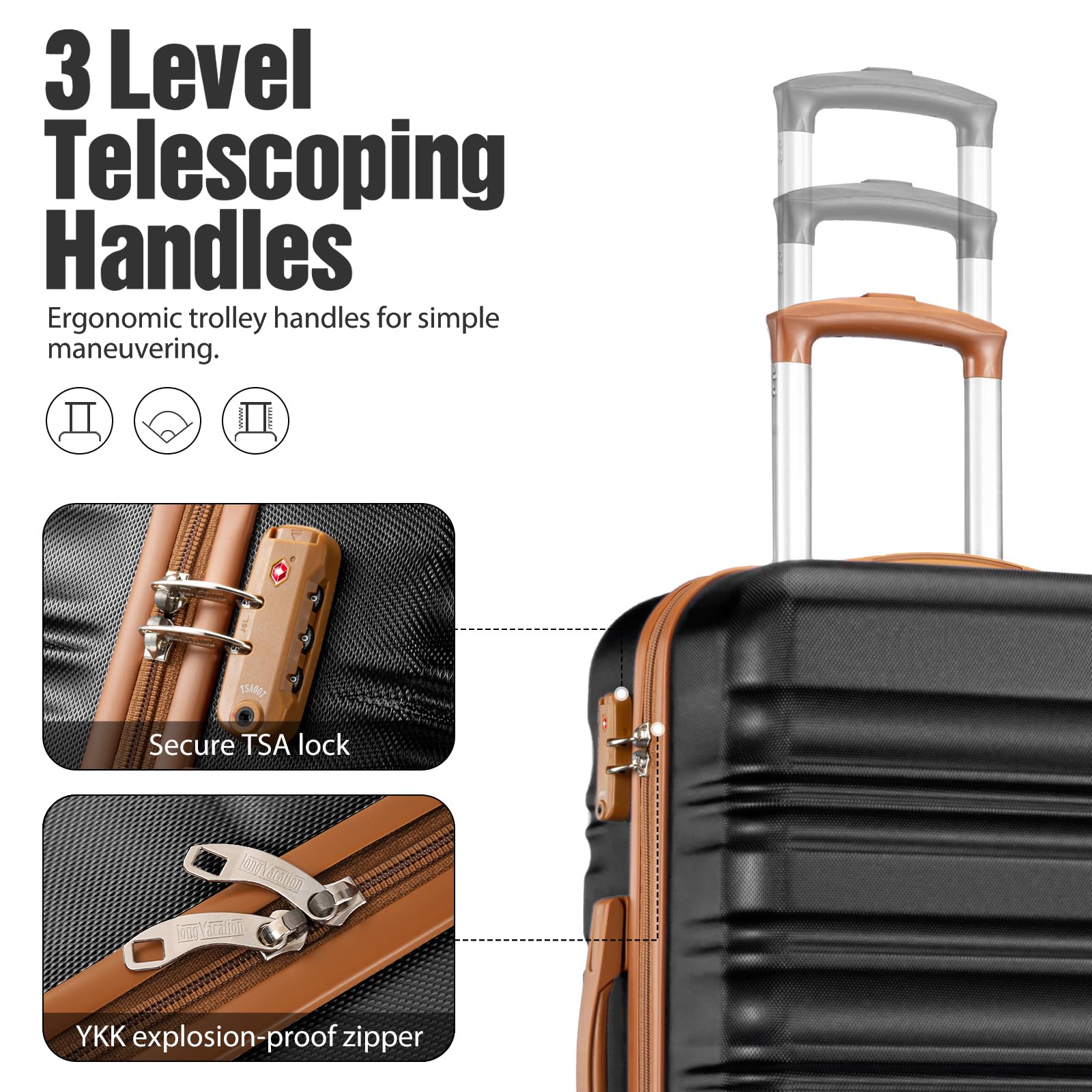 LONG VACATION 6 Piece Luggage Set Carry on Suitcase with ABS+PC hardshell, Spinner Wheels & YKK Zipper TSA Lock (BLACK-BROWN, 6 piece set)