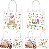 Motipuns 12 Pcs Happy Easter Gift Bags Reusable Clear PVC Bunny Treat Bags with Handles Egg Goodie Party Favor Totes for Easter Spring Birthday Holiday Party Supplies