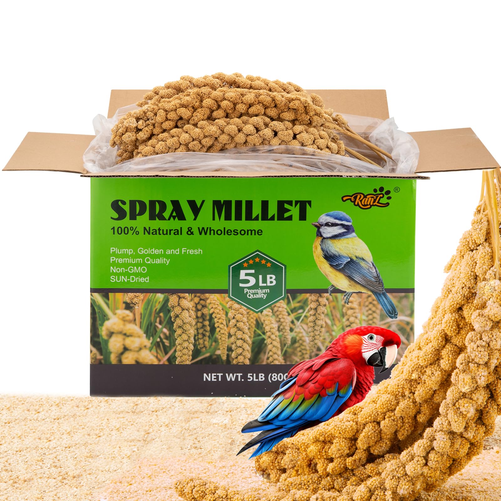 Photo 1 of RANZ 5LBS Millet Spray for Birds, GMO-Free, Sun Dried Spray Millet, Original Bird Treats & Supplement for Parrots, Cockatiels, Lovebirds, Painted Buntings and Finches, Parakeets Food