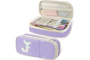 Janhavi Preppy Pencil Case, Large Pouch for School and College Supplies, Cute Pen Bag for Office Travel, Back to School Stuff for Girls, Cool Initial Gift for Birthday, Christmas - Purple J