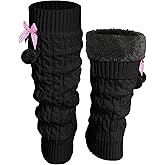 Shihanee Winter Fleece Lined Leg Warmers for Women Long Fluffy Cute Leg Warmers with Bow and Pompom Y2k Kawaii Boot Socks
