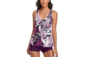 Omichic Modest Tankini Swimsuits for Women Two Piece Bathing Suits Floral Print Tank Top with Boyshorts