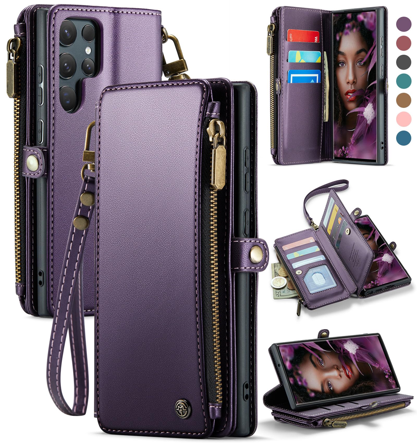 Defencase Compatible with Samsung Galaxy S22 Ultra Case Wallet with RFID Blocking Card Holder for Women Men, PU Leather Magnetic Snap Flip Zipper Strap Phone Case Fit for Galaxy S22 Ultra 5G, Purple