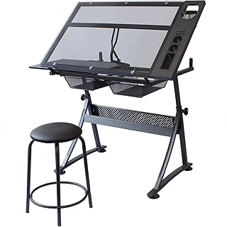 Stationery Island FOULA-TP Zeichentisch. Höhen- Und Neigungsverstellbarer Tisch Aus gehärtetem Glas Mit Stauraum, Hocker und Klammern. Für Kunst, Design, Schreiben, Malen, Basteln, Arbeit & Studium